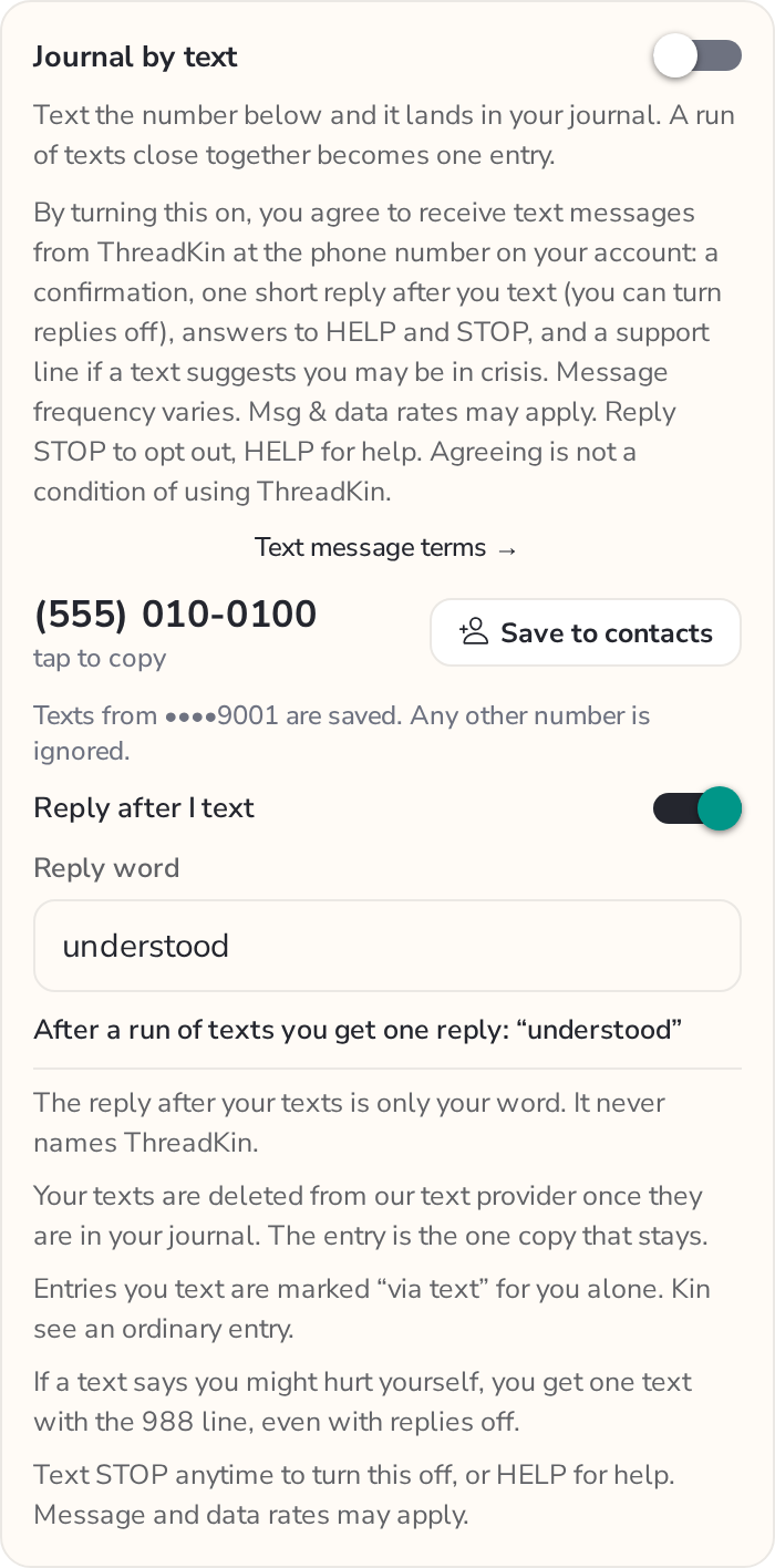 The Journal by text card in the ThreadKin app's Settings: the switch, the consent words, the journal number and the reply setting