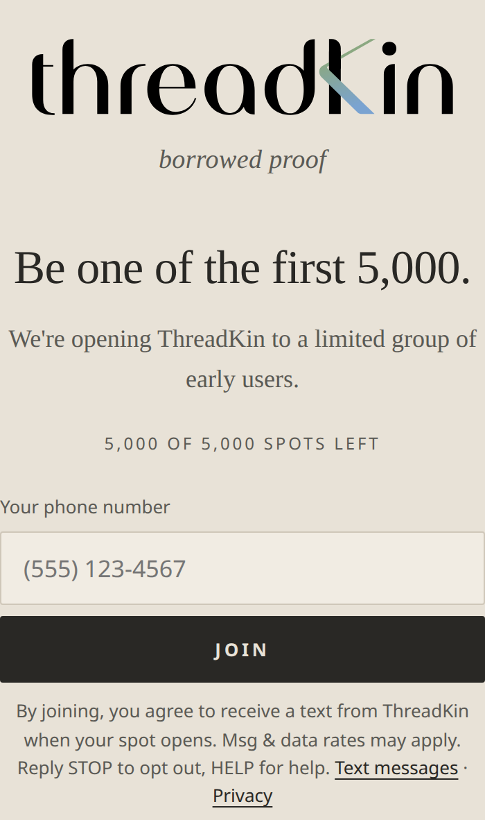 The waitlist form on threadkin.app: one phone field, the Join button and the consent words beneath it